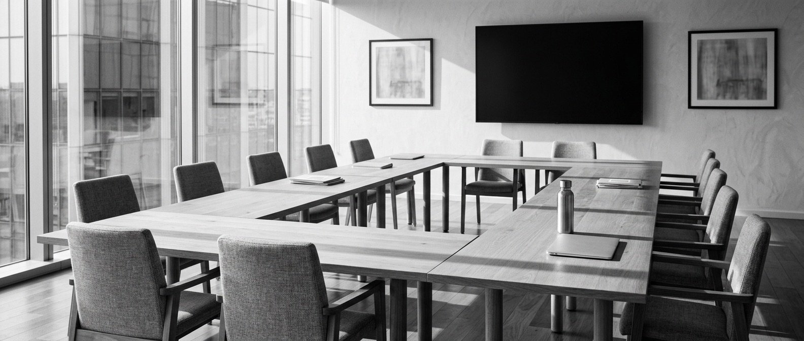 Aula de formación con mesas en disposición de trabajo, en blanco y negro